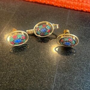 Sarah Cov Light Of The East Red Green Blue Flower Mosaic Goldtone